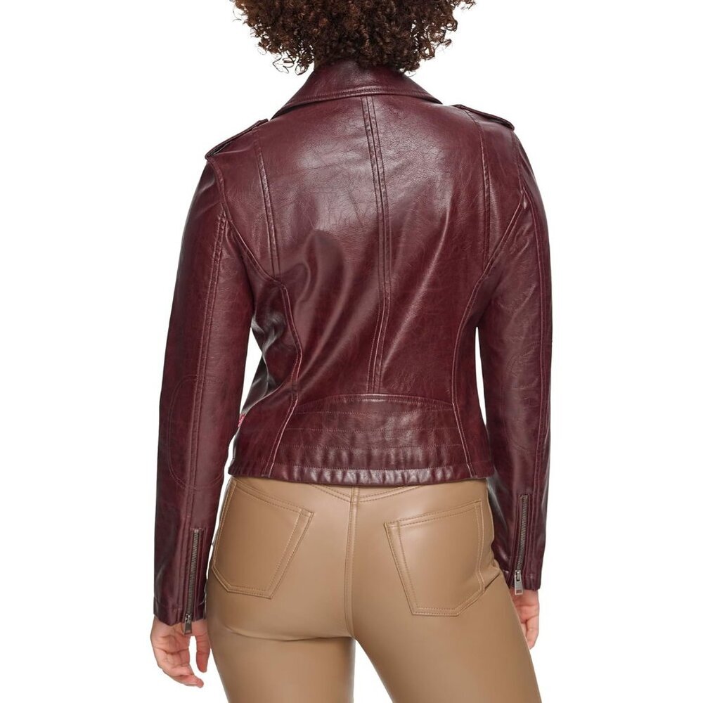 Women's The Classic Faux Leather Moto Jacket Font Full Zipper Oxblood Gloss Pu - Picture 3 of 5